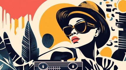 Obraz premium Stylish woman in sunglasses and hat, retro car, abstract background.