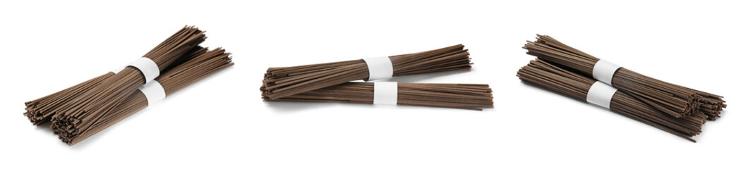 Soba isolated on white, set. Buckwheat noodles