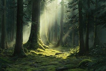 Obraz premium Mystical Forest with Sunlight Streaming Through Tall Trees