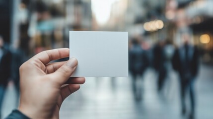 Close-up of a hand holding a blank card with a blurred urban backdrop, suitable for lifestyle-related ads.