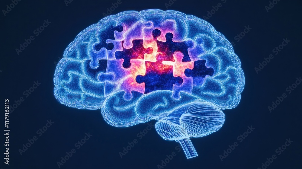 Poster brain puzzle concept with colorful neurons and sparks of light