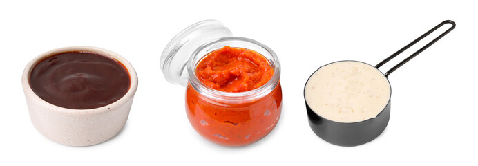 Different marinade sauces isolated on white, set