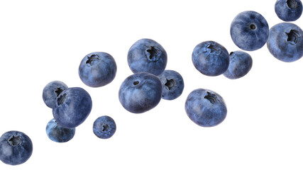 Fresh ripe blueberries in air on white background