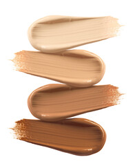 Liquid foundation of different shades on white background, set. Top view