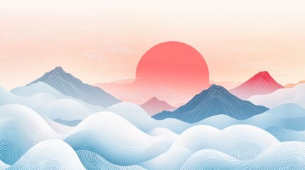 Serene minimalist landscape illustration of mountains and a large red sun at sunset or sunrise, depicted in soft pastel colors and smooth lines.