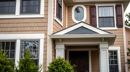 Fototapeta premium Tan-sided house exterior with white trim, showcasing a covered entryway, multiple windows, and dark brown shutters. Landscaping is partially visible.