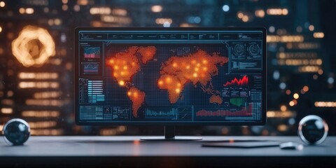 Obraz premium A high-tech monitor displays a glowing world map with data analytics and graphics, set against a modern, illuminated background.