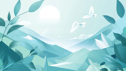 Serene landscape with two birds flying over tranquil mountains and leaves.