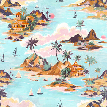 Beautiful tropical seamless pattern with hand drawn paradise islands with mountains and palm trees on beaches with ocean and clouds in sky. Ready tropical print design.