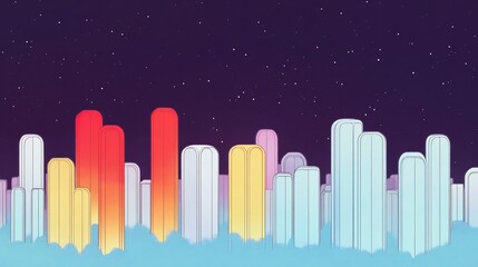 Obraz premium Vibrant Digital Illustration: Stylized Cityscape Glows Under a Starry Night Sky. AI Generated