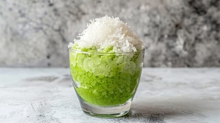 Close-up of a glass filled with a green dessert topped with shredded coconut. The dessert has a layered appearance, with a lighter green layer on top and a darker green layer underneath. 
