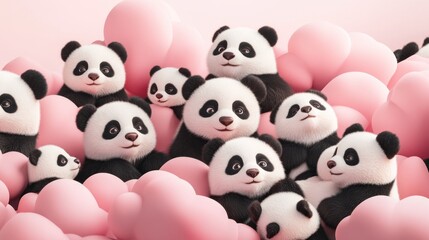 Obraz premium Adorable baby pandas nestled amongst pink heart-shaped balloons.