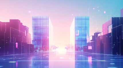 Futuristic city skyline at sunrise, digital data streams and glowing buildings.