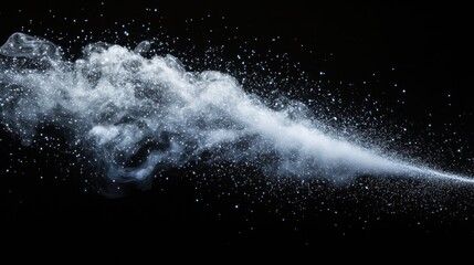 Abstract blue smoke plume and particles on black background.