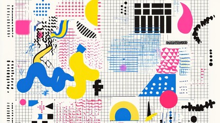 Obraz premium Abstract geometric shapes, lines, and patterns in vibrant colors on a grid background.