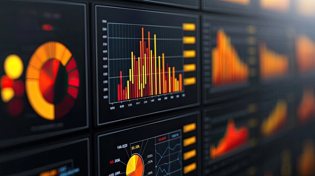A colorful collection of data visualization screens displaying various graphs and charts, showcasing trends and analytics.