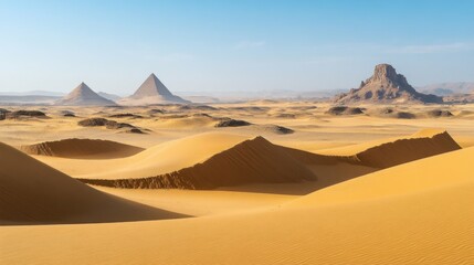 arid desert landscape with towering pyramids in distance, golden sand dunes stretching to horizon, remnants of ancient civilization, mystical and timeless