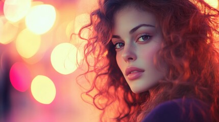 Fototapeta premium Dramatic portrait of woman with curly hair, vibrant city lights in the background, soft focus, isolated with warm evening glow, urban fashion vibe