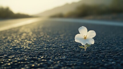 Single white flower blooming on asphalt road at sunset.