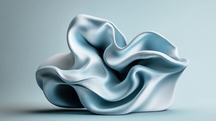Abstract crumpled light blue fabric sculpture on blue background.