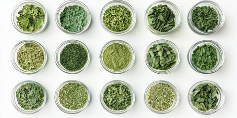 Collection set of dried moringa leaves in different containers on white backround.