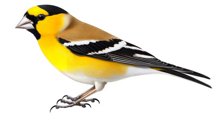 Fototapeta premium A bright goldfinch with yellow feathers and black wings isolated on a transparent background, PNG