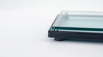 Modern glass weighing scale on a white surface in a minimalistic setting