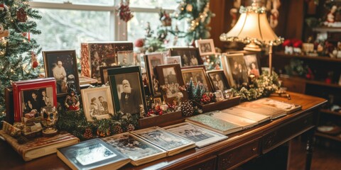 Naklejka premium Wide shot of a table covered with several Christmas-themed photo albums, with family photos, garlands, and small decorations adding to the cozy atmosphere.