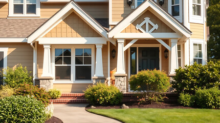 Fototapeta premium A tan two-story house with white trim, featuring a covered porch supported by columns. The landscaping includes neatly trimmed shrubs and a lawn. Sunlight illuminates the facade.