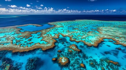 Aerial Overhead View of a Pristine Turquoise Lagoon Surrounded by Jagged Coral Reefs, Shallow Water with Vibrant Blue Gradients and Subtle Water Shadows