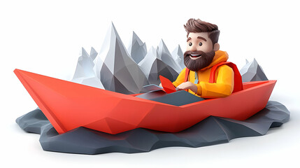 3D Cartoon Man Sails a Paper Boat in Abstract Low Poly Sea and Mountains on White Background.