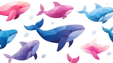 Vibrant Watercolor Whales with Geometric Shapes in Abstract Background