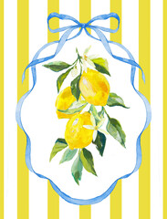 Beautiful composition with bows and lemons. Composition with vintage bows and handmade ribbons. Blue ribbon on a yellow striped background.