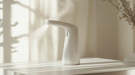 Modern handheld garment steamer emits steam against a soft green backdrop in a contemporary setting