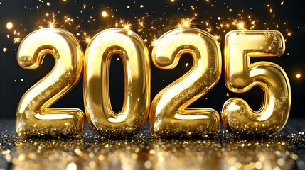 Golden 2025 Balloons Shine Brightly on a Glittery Surface with Sparkling Lights