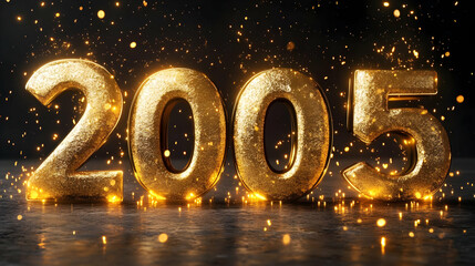Golden 2005 Numbers Shine with Sparkling Particles on a Dark Background.