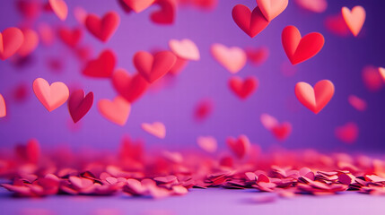 Romantic composition of paper red hearts falling from above the image. Festive purple background. Generative AI