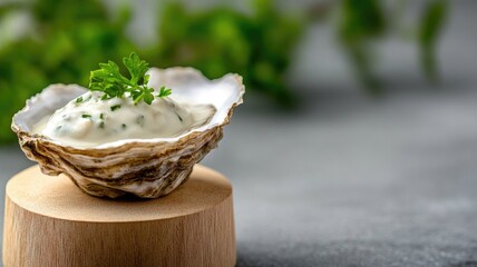 Fresh oyster with creamy white sauce and herbs garnished parsley on wooden block