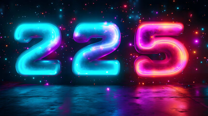 Glowing 225 Numbers on Dark Background with Colorful Lights and Reflections.