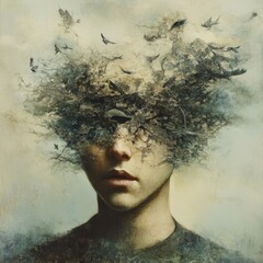 Surreal Portrait of a Person with Abstract Elements Representing Thoughts and Emotions in Nature