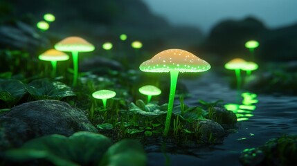 Fototapeta premium Enchanting Glow of Bioluminescent Mushrooms in a Misty Forest