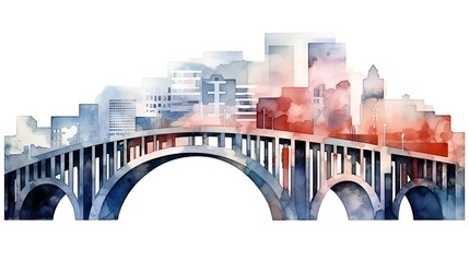 Watercolor Cityscape with Brutalist Bridges and Overpasses in Soft Hues