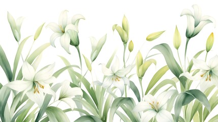 Watercolor Easter Lily Floral Pattern on Muted Green Nature Background