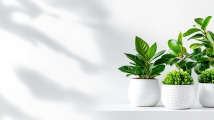 Obraz premium Three potted green plants in white pots against background