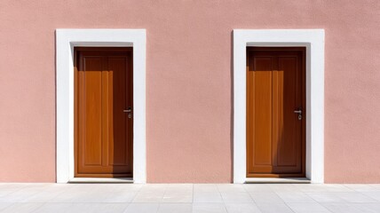 Two identical wooden doors with white frames on pink wall