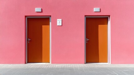 Two brown doors on pink wall under bright daylight