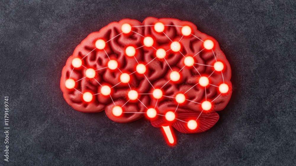 Poster red brain illustration with neural connections on dark background