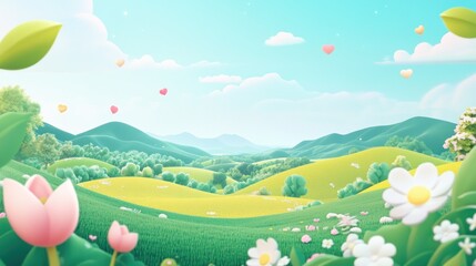 Fototapeta premium Idyllic cartoon landscape with rolling hills, flowers, and hearts.