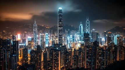 Illuminated cityscape at night showcases towering buildings and glowing lights dramatically.