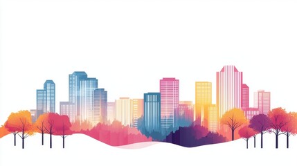 Colorful Urban Skyline with Trees and Gradient Background